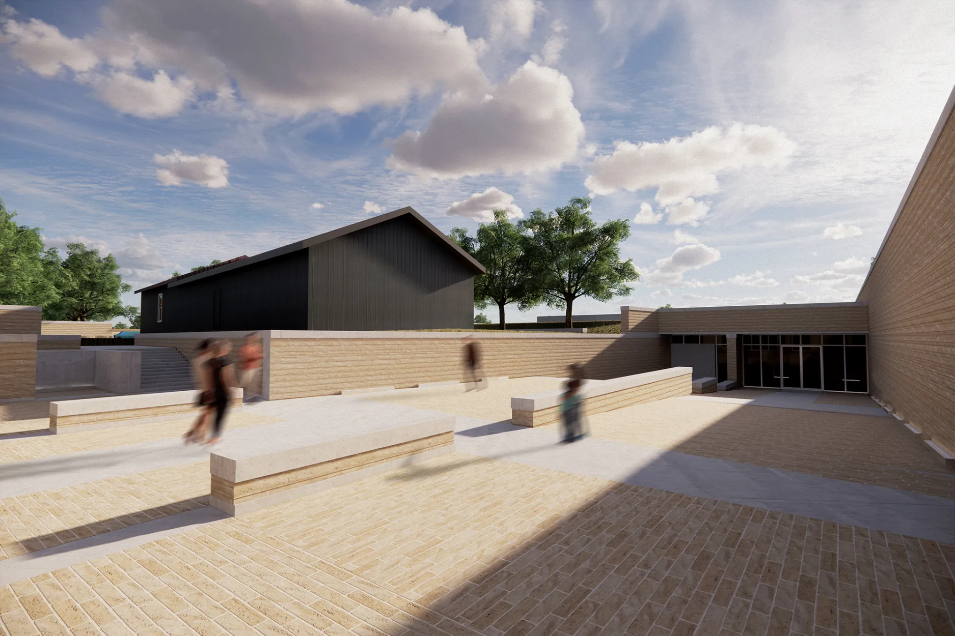 Montopolis School Cultural Center; Plaza sunken below grade showing the seating area and rammed earth. Jonathan Malott, Austin Texas Architecture